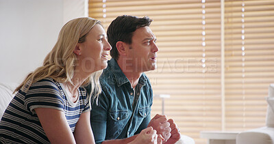 Buy stock photo Watching tv, sad and fans of sport, couple and disappointed with loss of team, game and entertainment. Hope, live stream and people with subscription, broadcast and together in apartment and home