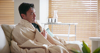 Buy stock photo Living room, fever and man with tissue, home and season for allergies, sinus and sneezing with infection. Lounge, sick and symptoms of tuberculosis, runny nose and health of person, virus and house