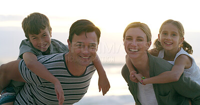 Buy stock photo Parents, children and piggy back at beach with smile, siblings and portrait at sunset with love. People, kids and family with father, mother and daughter by ocean, hug and playful with care in France