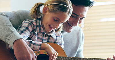 Buy stock photo Guitar, learning and child with dad, lesson and family in home with music, development and creativity. Living room, musician and knowledge with love, support and bonding together on sofa with play