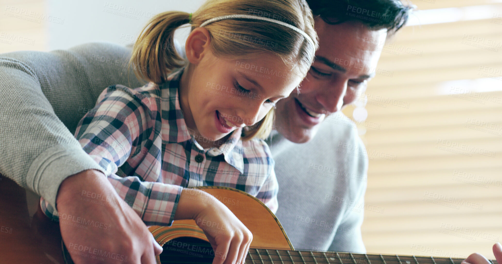 Buy stock photo Guitar, learning and child with dad, lesson and family in home with music, development and creativity. Living room, musician and knowledge with love, support and bonding together on sofa with play