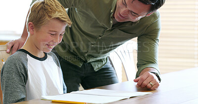 Buy stock photo Boy, dad and helping with homework, book and excited for solution, learning or study at apartment. Father, child and problem solving for education, progress and smile with development in family home