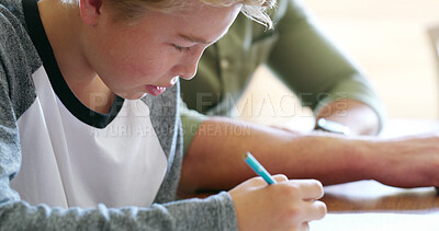 Buy stock photo Boy, child and homework with writing in home for learning, development and problem solving with parent. Kid, pencil and paper with education, studying and progress with assessment at family house