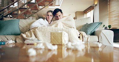 Buy stock photo Sick, sad couple and tissue in home with fatigue, couch and disease from allergies with sneeze. Flu, living room and health problem of people together with recovery, blanket and napkin for virus