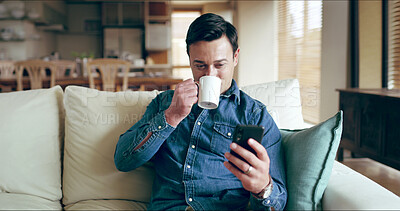 Buy stock photo Man, smartphone and relax with coffee on sofa for texting, chat and reading post on mobile app in home. Person, phone and notification with tea cup, drink and contact on social network at apartment