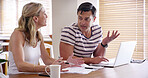 Finance, loan and couple with laptop with bills, stress and online banking issue in debt. Home, payment due and anxiety from mortgage, tax audit or invoice with conversation about investing problem