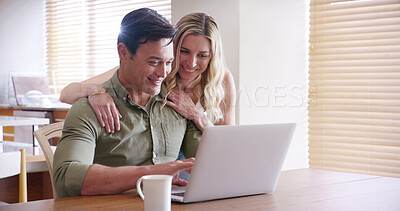 Buy stock photo Happy, couple and home with laptop, hug and smile from investment, banking and savings check. Love, online and technology with good news, bonding and support from email and web search on internet