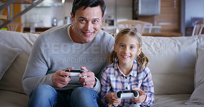 Buy stock photo Playing, dad and child with controller, video game and bonding with tech, fun and competitive in house. Lounge, gamer and man with console, kid and subscription for family, electronics and home