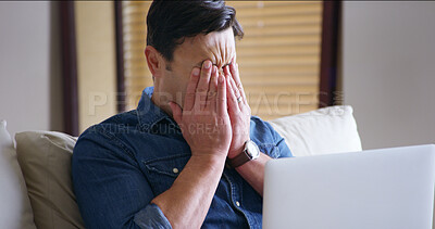 Buy stock photo Man, anxiety and bills on laptop in home with working, payment and financial debt. Mortgage, hands to face and invoice check on tech with investment, tax and bankruptcy with inflation and planning