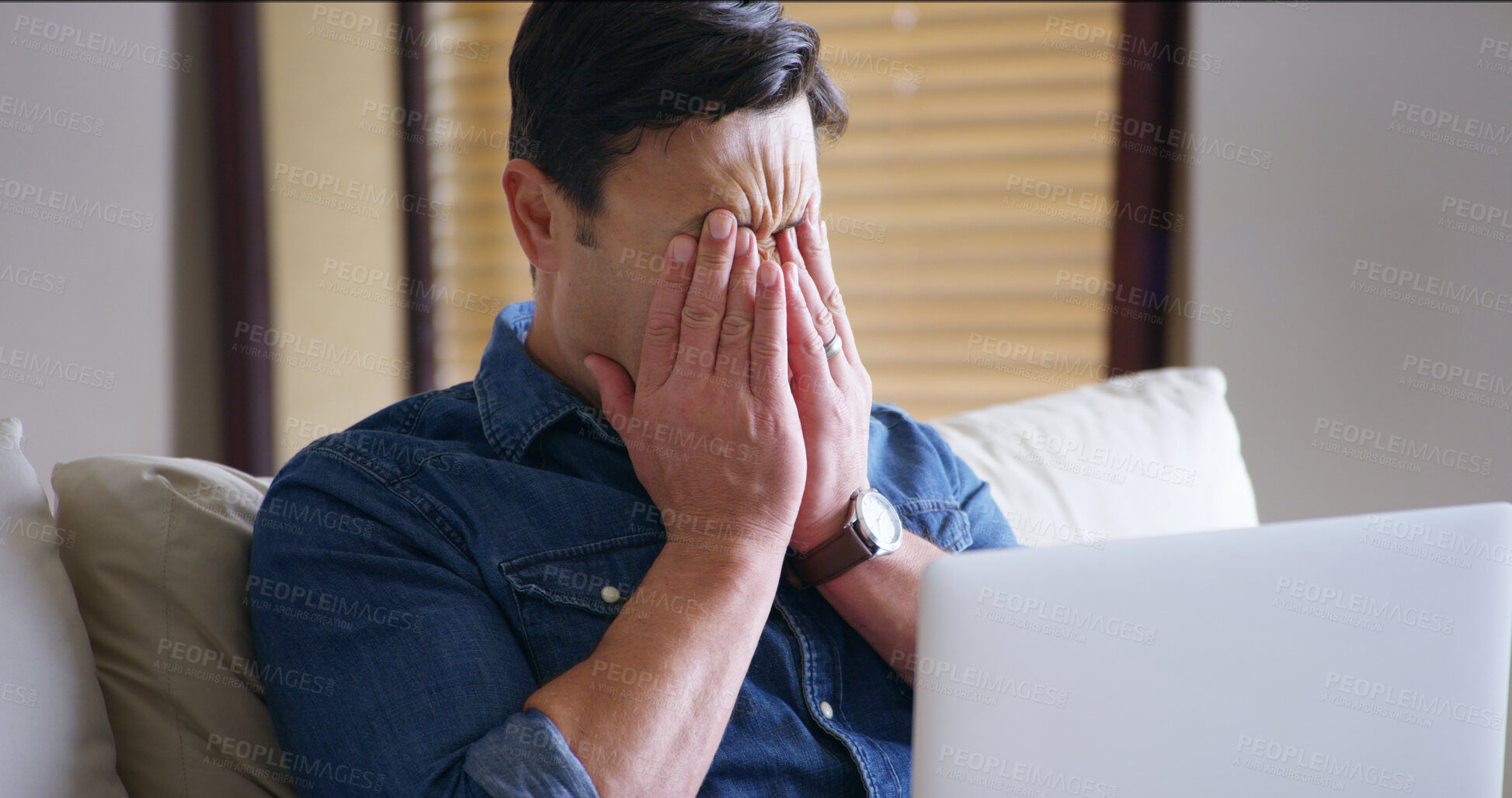 Buy stock photo Man, anxiety and bills on laptop in home with working, payment and financial debt. Mortgage, hands to face and invoice check on tech with investment, tax and bankruptcy with inflation and planning