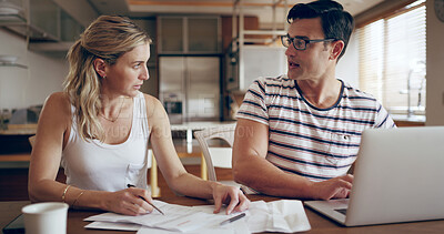 Buy stock photo Couple, finance and talking with documents in home, laptop and planning for tax compliance in morning. Man, woman and paperwork for review, budget and invest with discussion by computer at apartment