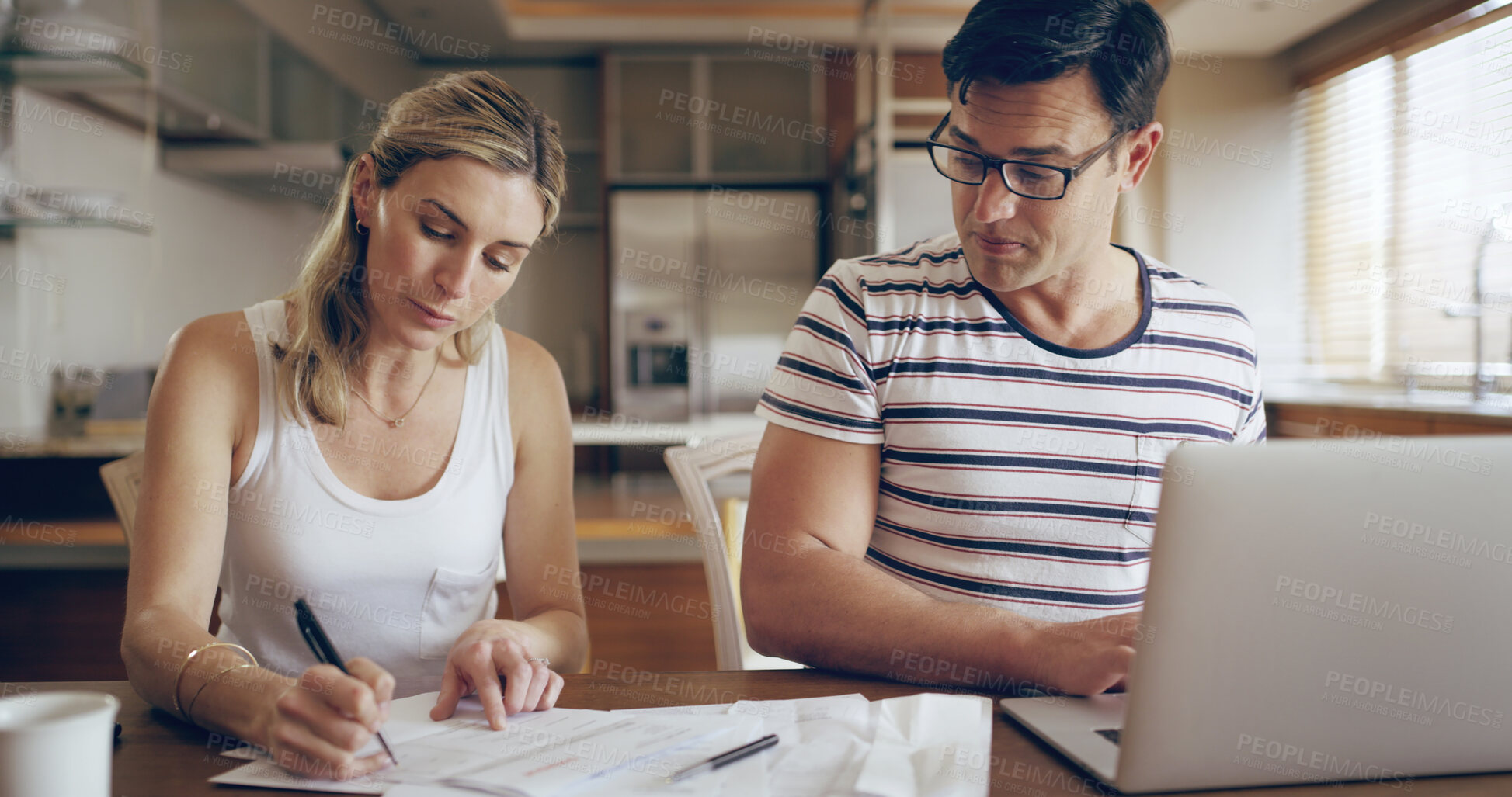 Buy stock photo Woman, man and laptop in home for taxes, finance and writing with info for compliance in morning. Couple, contract and reading paperwork for review, budget and invest with computer at apartment