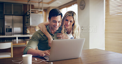 Buy stock photo Smile, couple and home with laptop, hug and care from investment, banking and savings check. Love, online and technology with good news, bonding and support from email and web search on internet