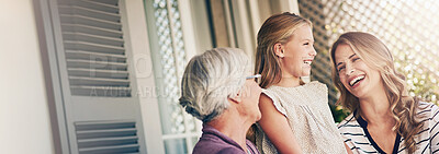 Buy stock photo Women, family and generations outdoor with mother, grandmother and child together on patio. Backyard, smile and bonding with love, care and trust with grandma and thanksgiving reunion at home