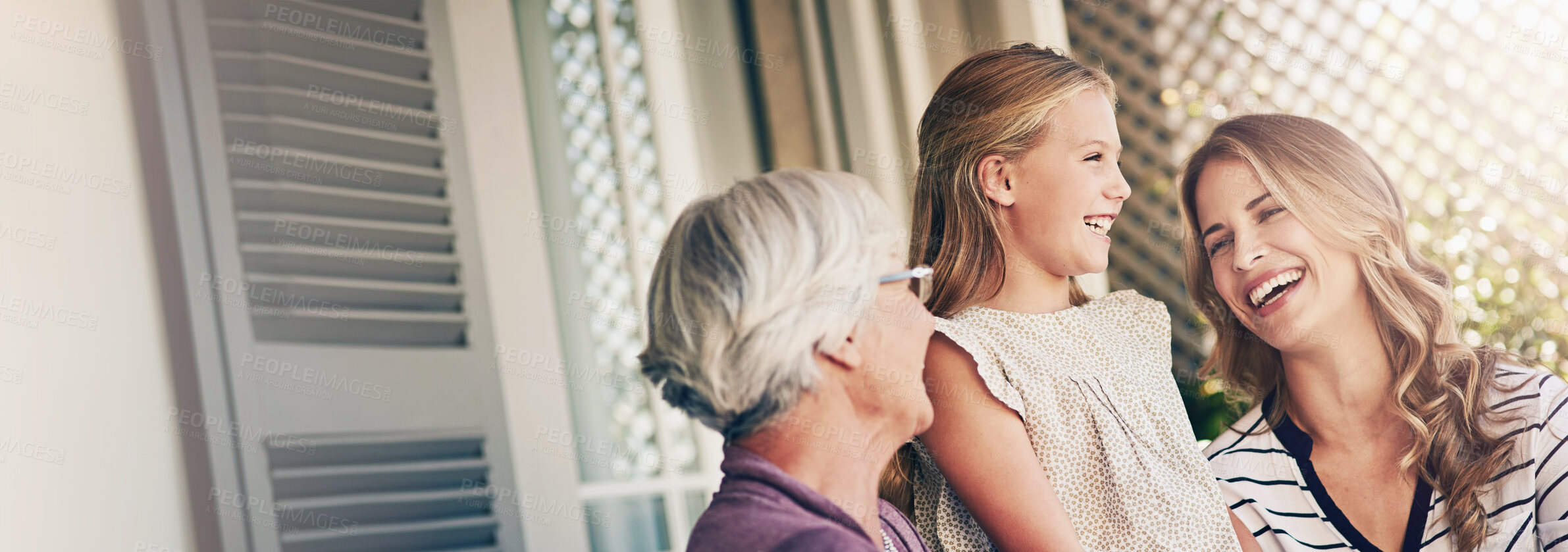 Buy stock photo Women, family and generations outdoor with mother, grandmother and child together on patio. Backyard, smile and bonding with love, care and trust with grandma and thanksgiving reunion at home