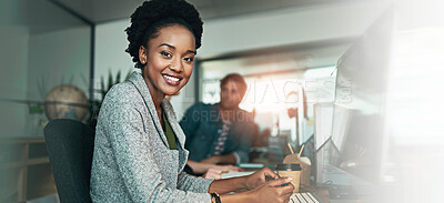 Buy stock photo Happy woman, portrait and computer in office for business, email and pride for career development in banner. Girl, smile and tech in coworking space for finance management, planning and bookkeeping