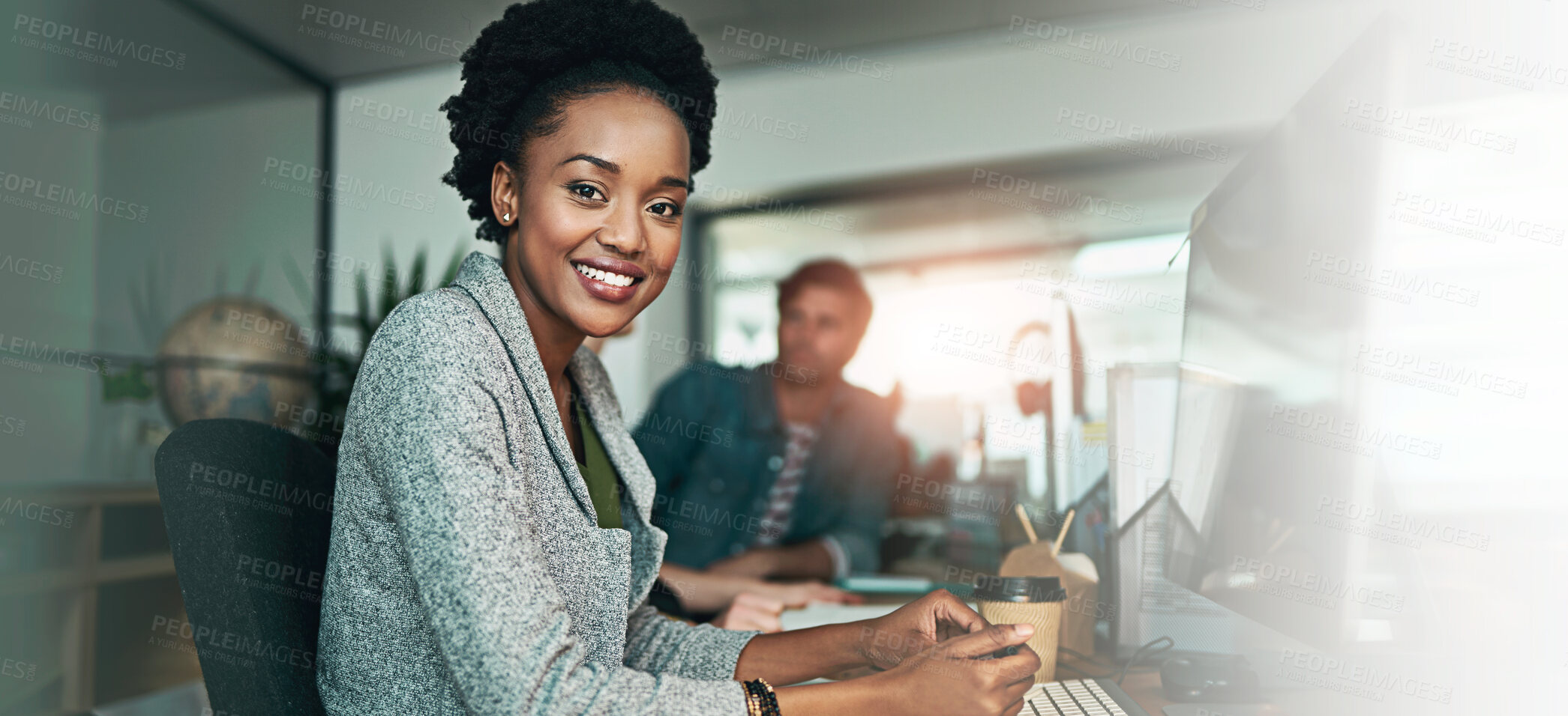 Buy stock photo Happy woman, portrait and computer in office for business, email and pride for career development in banner. Girl, smile and tech in coworking space for finance management, planning and bookkeeping