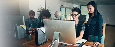 Buy stock photo Computer, programming or web development with business people in office for project management. Collaboration, creative and discussion with developer team in workplace for IT support or solution