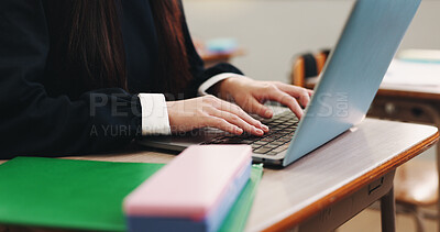 Buy stock photo Education, student hands and typing on laptop for learning, research assessment and studying in Japan school. Girl, computer and lesson in classroom for development, online course or creative writing
