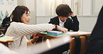 Japan, woman and students in classroom, help and ideas with advice, teaching and learning. People, child and female teacher with knowledge, education and literature with development or conversation