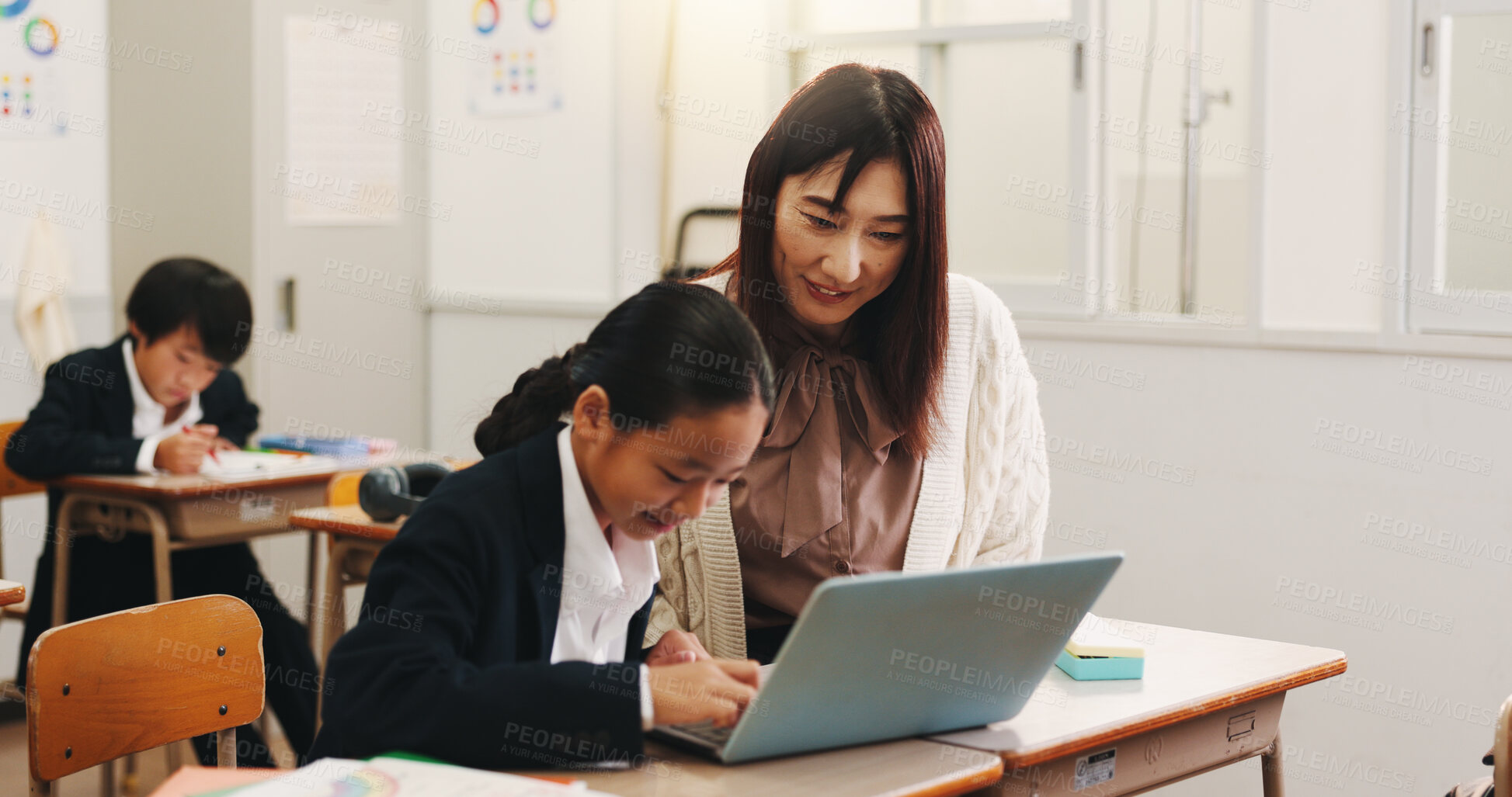 Buy stock photo Girl, laptop and teacher in classroom for education, reading and happy with project at academy. Woman, child and computer with studying, scholarship and e learning with feedback at school in Japan