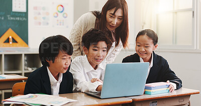 Buy stock photo Kids, laptop and teacher in classroom for education, reading and happy with project at academy. People, children and computer with studying, scholarship and e learning with guide at school in Japan