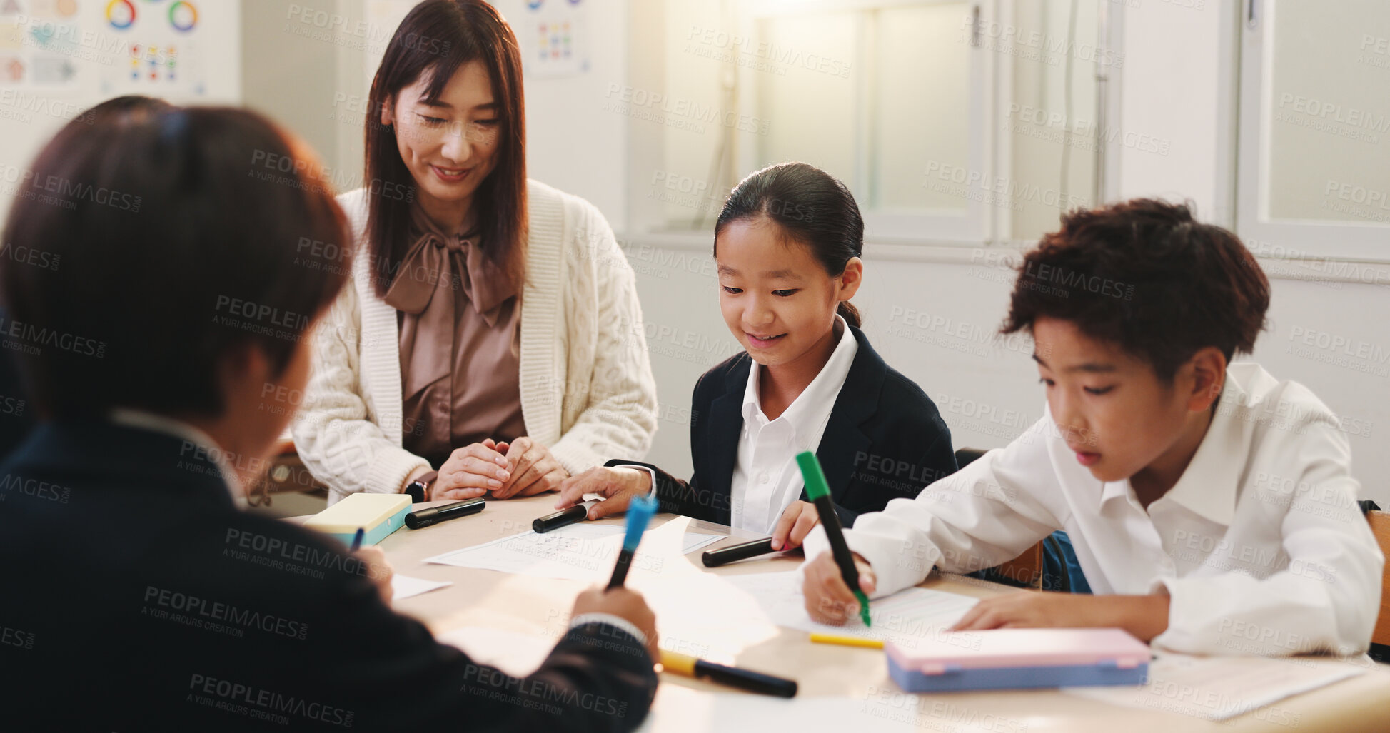 Buy stock photo Japanese, teacher and students for education in classroom, creative learning and art assessment of growth. Children, educator and teaching of studying with support, helping and lesson advice in Japan