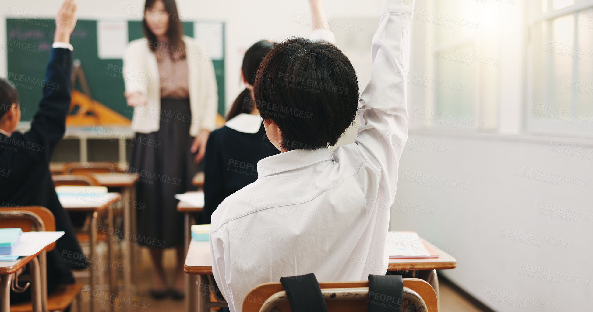 Buy stock photo Back, questions and kids in classroom, education and knowledge with answer, learning and teaching. Children, hands up and students in school, studying and feedback with intelligence, smart and Japan