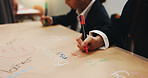 Hands, kids and writing in class for learning, spelling language or english education in Japan. Students, closeup and children study on paper for development, bilingual knowledge or kanji at school