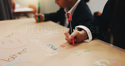 Buy stock photo Hands, kids and writing in class for learning, spelling language or english education in Japan. Students, closeup and children study on paper for development, bilingual knowledge or kanji at school