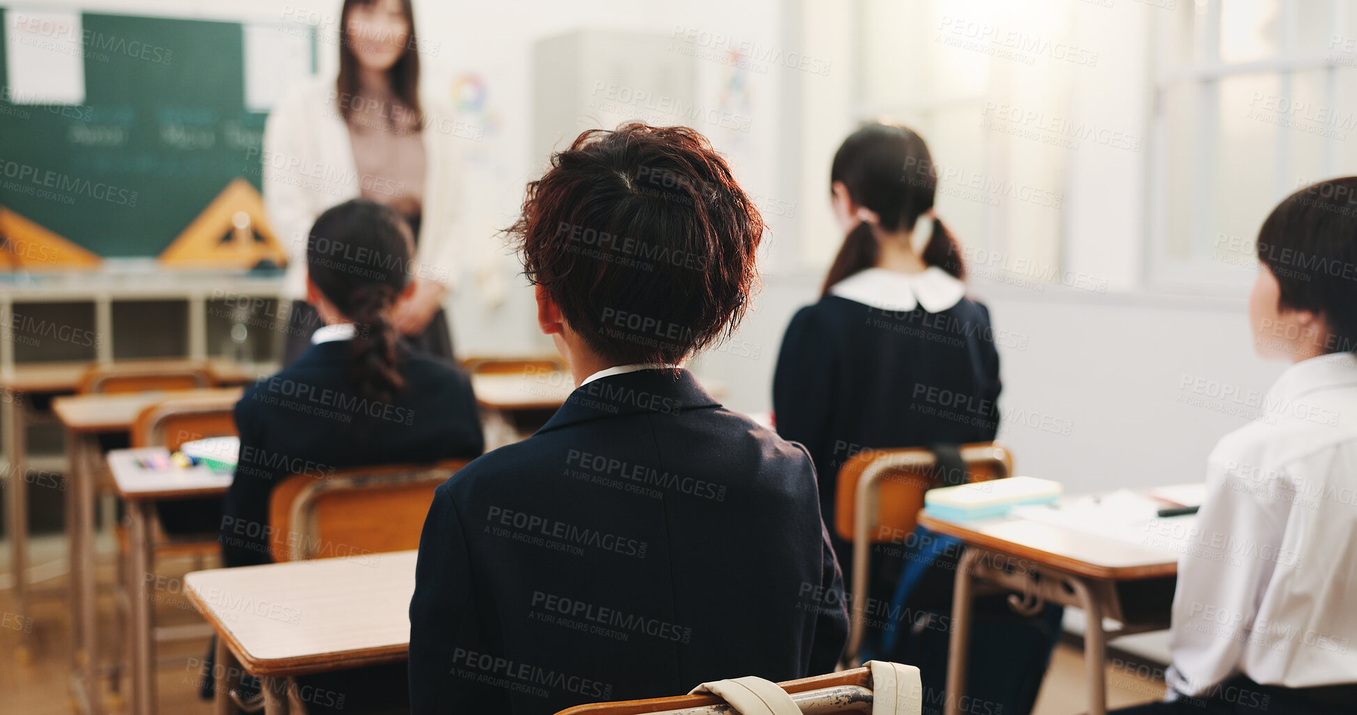 Buy stock photo Back, education and children in classroom for learning, math lesson and problem solving in Japan academy. Kids, teacher and attention in school for studying, assessment or information for future exam