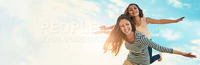 Buy stock photo Portrait, piggy back and mother with girl, outdoor and bonding together with happiness. Banner, family and parent with mama carrying daughter, freedom and space with love, flying and summer holiday