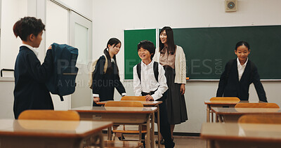 Buy stock photo School, studying and Asian children in classroom for morning, education and learning. Academy, campus and Japanese teacher with happy kids greeting for language lesson, development and knowledge