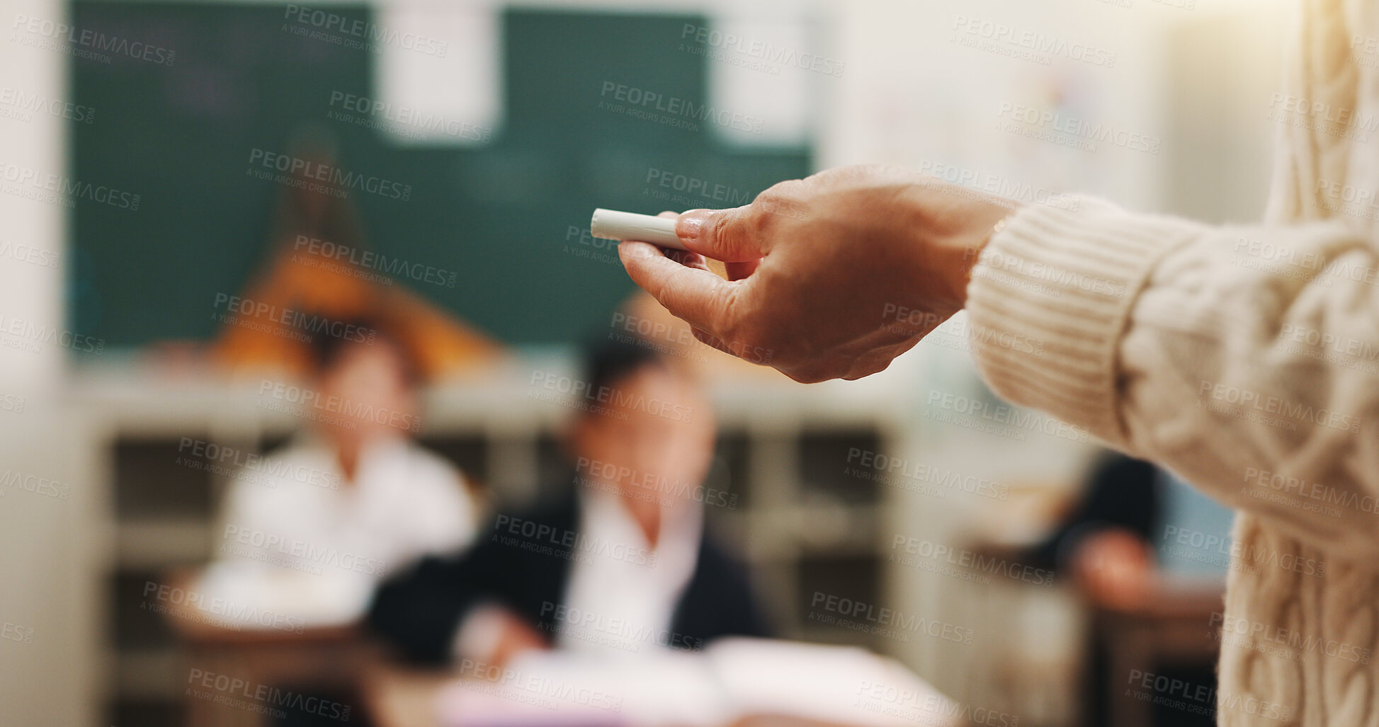 Buy stock photo Hand, chalk and teacher in classroom, students and education with lesson, stationery and academy. Japan, educator and kids in school, learning and problem solving with child development and growth