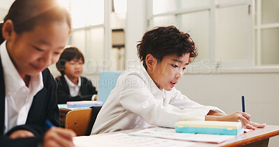 Buy stock photo Japanese, children and writing for education in classroom, creative learning and art assessment of growth. Students, stationery and drawing sketch with studying, knowledge and project lesson in Japan