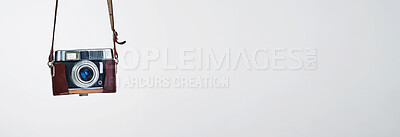 Buy stock photo Vintage, camera and banner space in studio isolated on white background mockup for art or design. Retro lens, technology and backdrop for photography, picture or equipment promotion for creative film