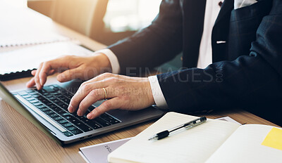 Buy stock photo Typing, research and hands with laptop, office and planning for finance, bookkeeper and professional. Keyboard, auditor and budget for company, accounting and analysis of investment, person and Japan