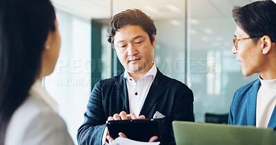 Buy stock photo Meeting, planning and group with tablet, office and collaboration for media strategist and online. Colleagues, professional and teamwork for campaign, digital and ads for business people and Japan