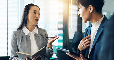 Buy stock photo Business, report or Asian people in meeting with diary for investment or revenue information. Agenda, talking or employees with notes, portfolio or paperwork for planning project or budget in Japan