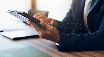 Buy stock photo Tablet, report and hands of business person in Japan office for planning, research and networking app. Contact, email newsletter and typing with closeup of employee for website, project and proposal