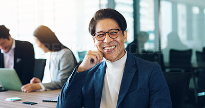 Buy stock photo Portrait, Japanese businessman and happy in meeting for teamwork, collaboration and networking. Male person, pride and office as project manager for architecture firm with confidence, smile and staff