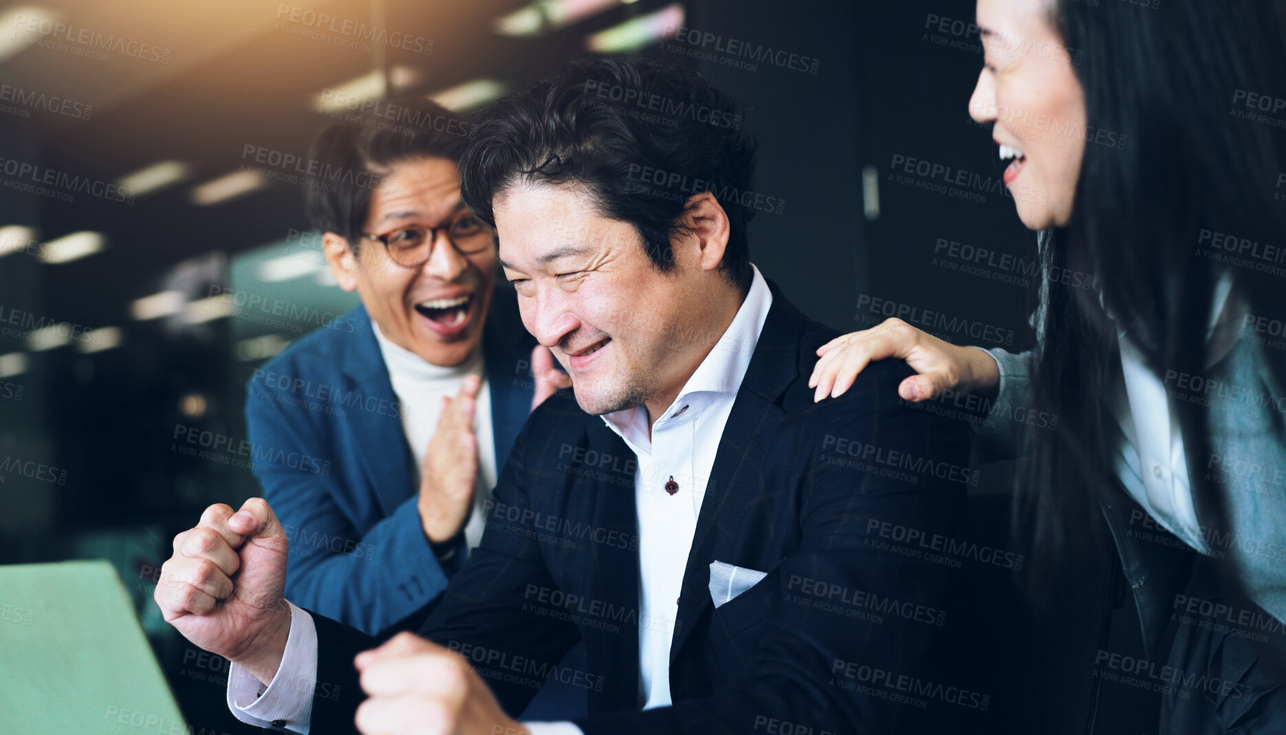 Buy stock photo Japan, applause and business people with laptop, celebration and achievement with b2b deal. Group, employees and coworkers in office, congratulations and clapping with smile, computer and happiness