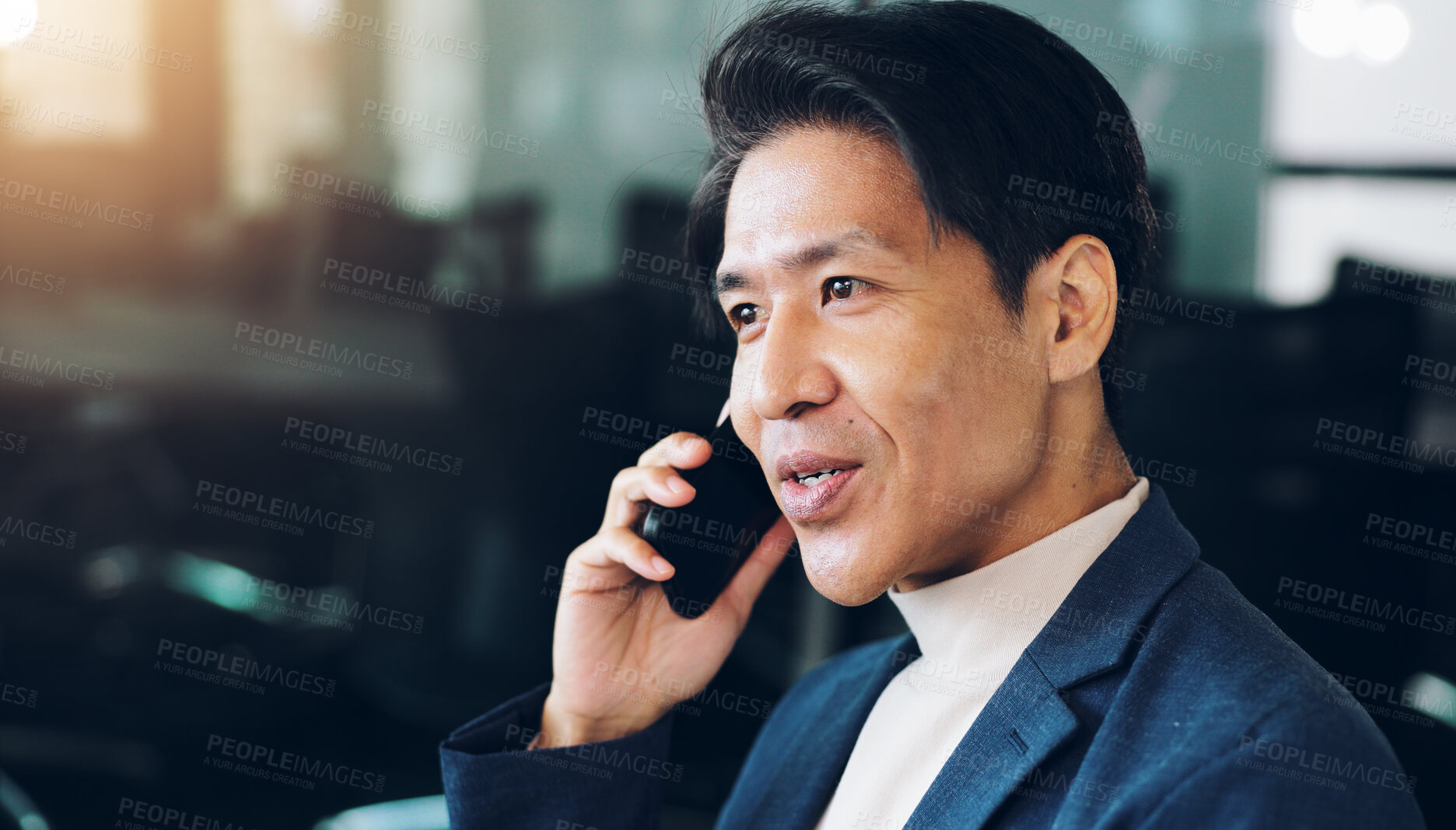 Buy stock photo Phone call, talking and business man in Japanese office for planning, networking and communication. Contact, discussion and connection with asian employee in finance firm for branch manager in bank