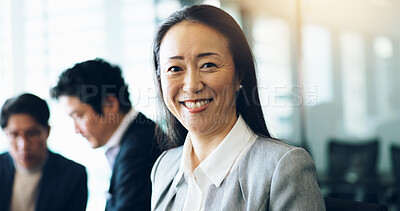 Buy stock photo Portrait, Japanese and business woman in meeting for team, collaboration and networking. Female person, pride and confidence as project manager for architecture firm with confidence, smile and staff