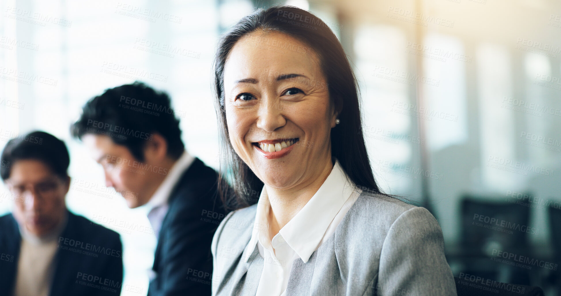 Buy stock photo Portrait, Japanese and business woman in meeting for team, collaboration and networking. Female person, pride and confidence as project manager for architecture firm with confidence, smile and staff