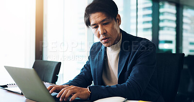 Buy stock photo Business man, laptop and research for report, financial planning or project administration with email. Executive, tech or journal for reading, development proposal or typing investment idea in Japan