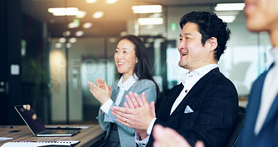 Buy stock photo Japan, applause and business people in office, laptop and achievement with success. Group, employees and coworkers with sales, congratulations and clapping with smile, celebration and happiness