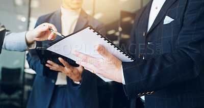 Buy stock photo Business, documents or hands of people in meeting with report for investment or revenue information. Agenda, teamwork or employees with notes, portfolio or paperwork for planning project or budget