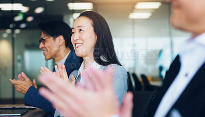 Buy stock photo Japan, applause and business people in office, woman and achievement with success. Group, employees and coworkers in meeting, congratulations and clapping with b2b deal, celebration and happiness