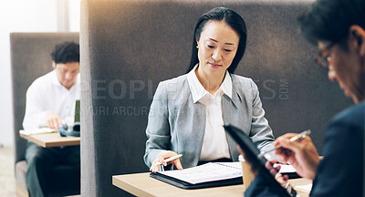 Buy stock photo Business, client or Asian woman in cafeteria with documents for investment or growth information. People, global or entrepreneur with file, portfolio or paperwork for reading project brief in Japan